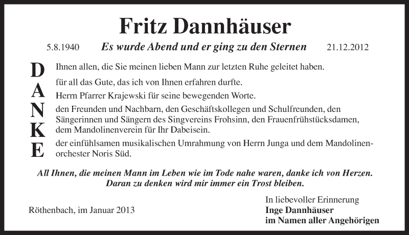  Traueranzeige für Fritz Dannhäuser vom 27.12.2012 aus Pegnitz-Zeitung